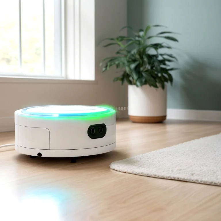 SweepFlowAI Reinigungsroboter vor modernem Hintergrund